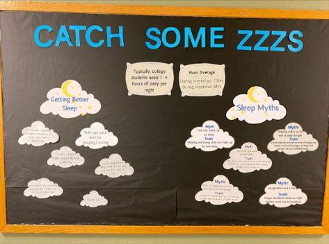 sleep tips & myths and truths Zzz Sleep, Ra Bulletins, Ra Boards, Ra Bulletin Boards, Ra Ideas, Sleep Tips, Pow Wow, Bulletin Boards, Better Sleep