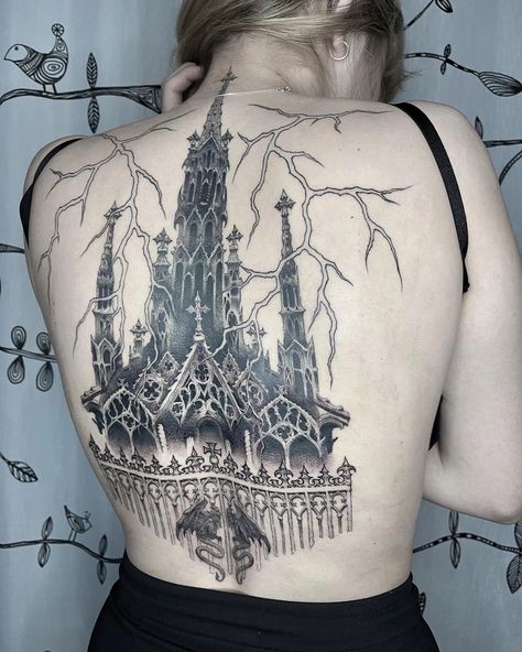 Castle Back Tattoo, Small Castle Tattoo, Glass Window Tattoo, Castle Tattoo Design, Stained Glass Window Tattoo, Gnarly Tattoos, Serious Tattoos, Bloodborne Tattoo, Deco Tattoo