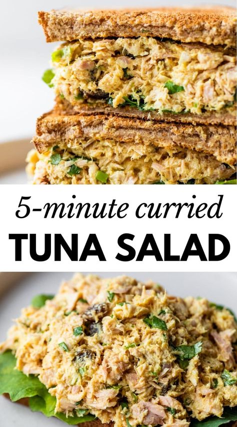 If you love quick lunches, you're going to adore this easy Curried Tuna Salad! Made with canned tuna, Greek yogurt, cilantro, and curry powder, it's full of flavor and comes together in about 5 minutes. Tuna Greek Yogurt, Curry Tuna Salad, Tuna Salad Recipe Healthy, Whole30 Chicken Salad, Healthy Tuna Salad, Healthy Foods To Make, Quick Lunch Recipes, Healthy Tuna, Food Advice