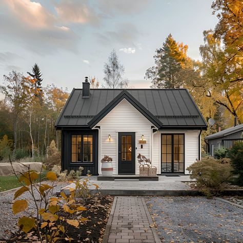 Cottage - Architecture, History, Sustainability, Materials And T Off White Cottage Exterior, House Designs Exterior Cottage, Cozy House Architecture, Black And White Tiny House Exterior, European Small House, Black And Wood Farmhouse Exterior, Cottage Black And White, Bungalow Cottage Exterior, Cozy Small House Design