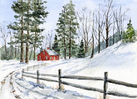 "Holiday winter scene watercolor print.   A little red cottage looking warm and cozy surrounded by the snow.  A great little print to bring you the holiday spirit.    This is an archival fine art giclee print of my original watercolor painting.  Printed on 100% acid free fine art paper.   Title:  \"Red House with Fence\" Choose with or without mat at checkout. Horizontal print. **      5x7 unmatted with 1/2\" white border **      5x7 matted to fit an 8x10 standard frame. **      8x10 unmatted with 1/2\" white border **      8x10 matted to fit an 11x14 standard frame. You can see all of my watercolor originals, prints and cards here:   https://www.etsy.com/shop/DVillaWatercolor?ref=seller-platform-mcnav I have tried my best to give the best representation of the color of this painting.  Ple Christmas Snowy Scenes 4' X 5' Wall Art On Canvas, Winter Scene Paintings, Winter Landscape Painting, Christmas Landscape, Barn Painting, Winter Watercolor, Holiday Wall Art, Winter Painting, 수채화 그림