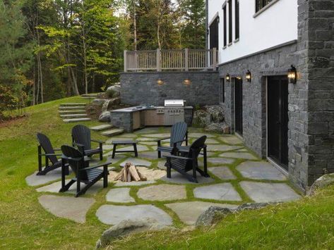 Walkout Basement Patio Ideas, Basement Patio Ideas, Walkout Basement Patio, Basement Patio, Patio Under Decks, Sunken Patio, Outdoor Dining Table Setting, Stone Cottages, Wooden Patios