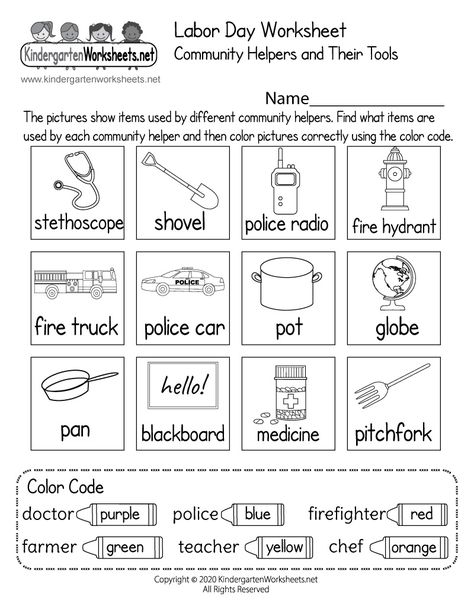 Labor Day is a public holiday that honors working people. This worksheet covers the tools community helpers use on a regular basis. It asks kids to identify what tools are used by each community helper by coloring them a specific color based on the color code. Community Helpers Tools Free Printable, Labor Day Homeschool Activities, Labor Day Worksheets For Kids, Community Helpers Preschool Activities Printables Free, September Homeschool, Printable Community Helpers, Prek Lessons, Snap Cubes Activities, Community Helpers Kindergarten