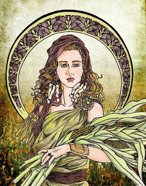 "Ceres's themes are fertility, earth, harvest and growth.  Her symbols are grains (especially corn), poppies and bread.  Ceres, the Roman Goddess of corn, returns our attention to the land today to... Ceres Goddess, God Goddess, Greek Gods And Goddesses, Greek And Roman Mythology, Roman Goddess, Ancient Mythology, Roman Mythology, Greek God, Goddess Art