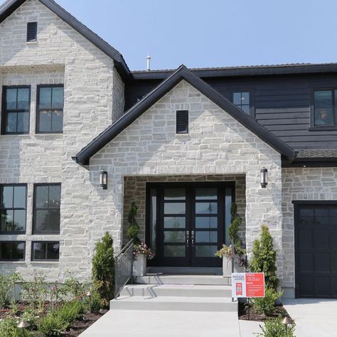 Jordyn // 𝓜𝓸𝓭𝓮𝓻𝓷 𝓕𝓪𝓻𝓶𝓱𝓸𝓾𝓼𝓮 on Instagram: “Why is exterior so difficult to design? I went with white farmhouse to dark modern, which I am very happy about. Hired two exterior design…” Austin Stone Exterior, Dark Grout, House Organization, Stone Exterior, Dark Modern, Brown Brick, Modern Farmhouse Exterior, White Farmhouse, Exterior Stone