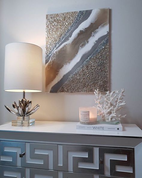 Home Decor/Interior Design (@lovefordesigns) • Instagram photos and videos Color Palette Grey, Resin Art Canvas, Silver Living Room, Diy Living Room Decor, Diy Abstract Canvas Art, Entry Way Design, Glitter Art, Resin Artwork, Handmade Artwork