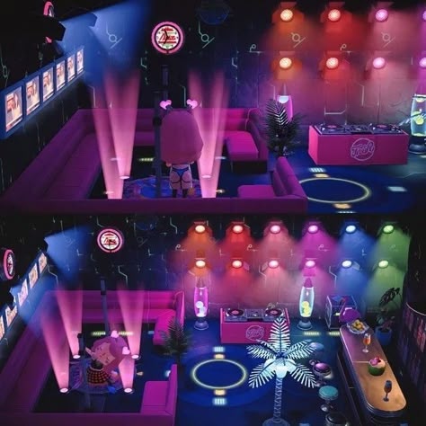 Arcade Room Animal Crossing, Animal Crossing Disco Floor, Acnh Club Ideas, Night Club Animal Crossing, Animal Crossing Club Ideas, Animal Crossing Karaoke Bar, Animal Crossing Stage Design, Acnh Club Design, Acnh Dance Floor