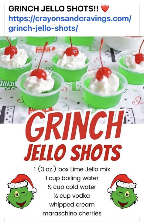 Jello Shots Christmas, Grinch Jello Shots, Grinch Jello, Holiday Jello Shots, Grinch Drink, Christmas Jello Shots, Christmas Drinks Alcohol Recipes, Xmas Drinks, Christmas Party Drinks