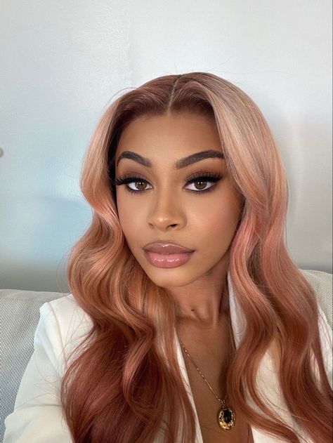 Peach Hair On Black Women, Rose Gold Hair Color On Black Women, Rose Gold Highlights Black Women, Rose Gold Tips Hair, Hair Colors On Light Skin Black Women, Rose Pink Hair Black Women, Pastel Colors Outfit Black Women, Light Pink Hair Black Women, Pink Blonde Hair Rose Gold Black Women