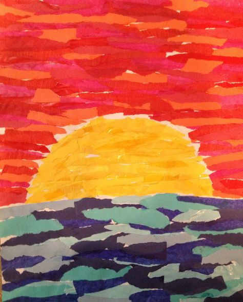 warm and cool sunset collage Sunset Collage Art, Collage Sunset, Sunrise Collage, Sunset Collage, Paper Collage Art Ideas Easy, Construction Paper Art, Sunset Canvas Painting, 7th Grade Art, Sunrise Art