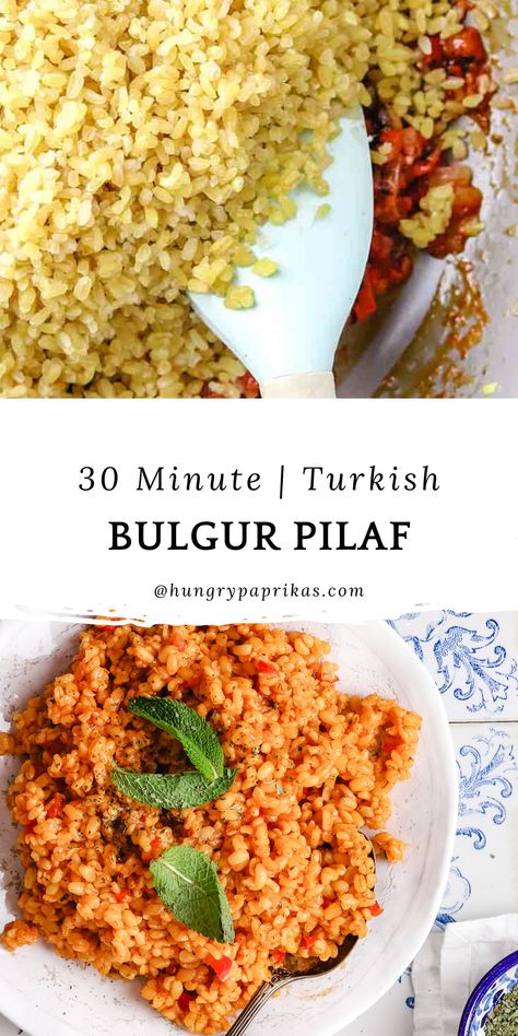 Top photo: Bulgur being cooked in a skillet with red pepper paste Bottom photo: Turkish bulgur pilaf plated on a white plate with a spoon and mint leaves on top Turkish Rice Recipe, Turkish Pilaf Rice Recipe, Bulgar Pilaf, Uzbek Pilaf, Turkish Rice, Hungry Paprikas, Turkish Recipe, Bulgur Pilaf, Uzbekistan Rice Pilaf