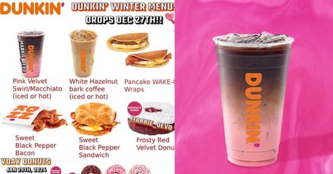 Reportedly, Dunkin's winter menu includes a red velvet donut topped with cream cheese, the Pink Velvet Swirl Macchiato, and pancake wraps. Pancake Wraps, Dunkin Orders, Red Velvet Donut, Hazelnut Bark, Dunkin Donuts Menu, Red Velvet Donuts, Work Snacks, Sausage Wrap, Bacon Sandwich