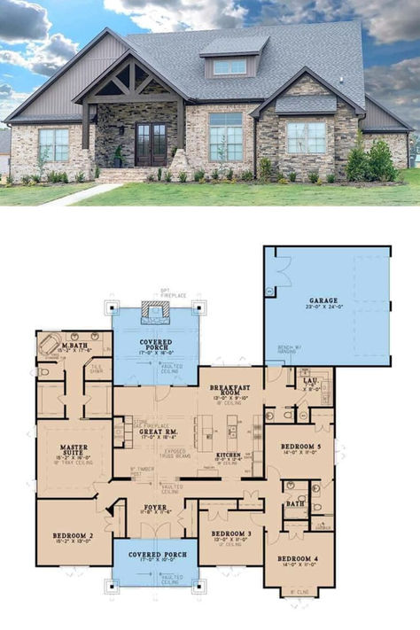 Floor Plan Released: Single-Story 5-Bedroom Rustic Ranch for a Corner Lot with Open Floor Plan and Rear Double Garage Single Story Floorplans, Ranch Home Floor Plans Open Layout, Ranch House Addition, Ranch Home Plans, Ranch Home Floor Plans, Ranch Floor Plans, Modern Ranch House, House Addition, Bedroom Rustic