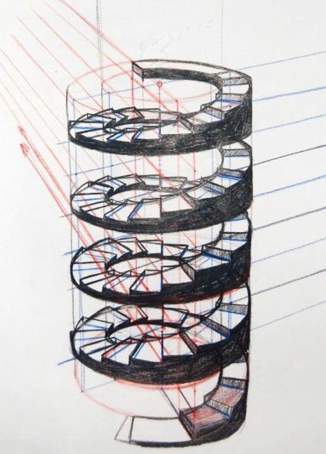 Paraline Drawing, Tower Design Architecture, Spiral Staircase Drawing, Spiral Architecture, Tower Interior, Staircase Drawing, Form And Space, Spiral Drawing, Staircase Art