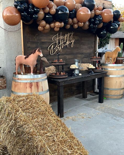 𝒥 𝒶𝓃𝒹 𝒥 𝒦𝓇𝑒𝒶𝓉𝒾𝑜𝓃𝓈 on Instagram: “🌵Cowboy Party 🐴 Full setup by @kreationsjj #bookus #foryournextevent #anytheme #letusdothework #cowboyparty #cowboydecor #centerpieces…” Western Birthday Party For Men, Cowboy Birthday Theme For Men, Black Rodeo Party, Boots And Dukes Party, Cowboy Theme 50th Birthday Party, Cowboy Birthday Party Ideas Table Decorations Western Theme, Black Western Party Decor, Western Birthday Backdrop, Rancho Birthday Theme