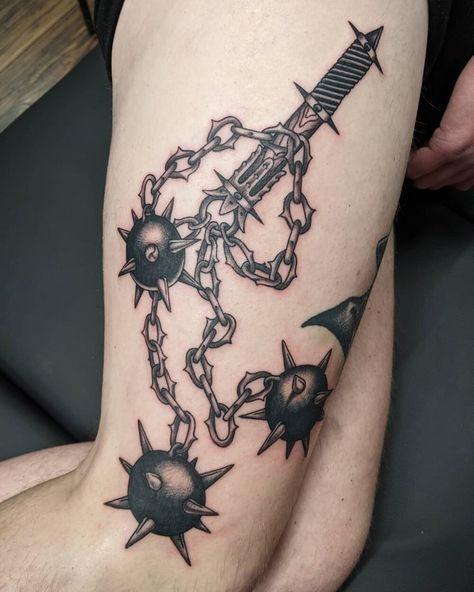 Flail Tattoo, Hammer Tattoo, Cool Finger Tattoos, Optical Illusion Tattoos, Illusion Tattoos, Chain Tattoo, Medieval Tattoo, Optical Illusion Tattoo, Knight Tattoo