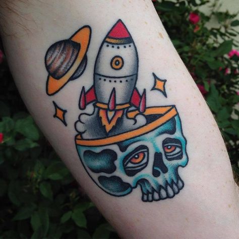 Rocket Ship Tattoo, Spaceship Tattoo, Sailor Jerry Tattoo Flash, Rocket Tattoo, Saturn Tattoo, Lily Flower Tattoos, Monkey Tattoos, Planet Tattoos, Alien Tattoo