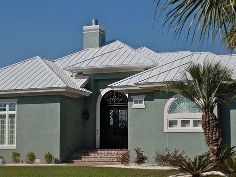 Residential Roofing Project | Color: Ash Gray Ash Gray Metal Roof, Gray Metal Roof, Light Green House, Green House Exterior, Metal Roof Houses, Standing Seam Metal Roof, Roof House, Residential Roofing, Exterior Paint Colors For House