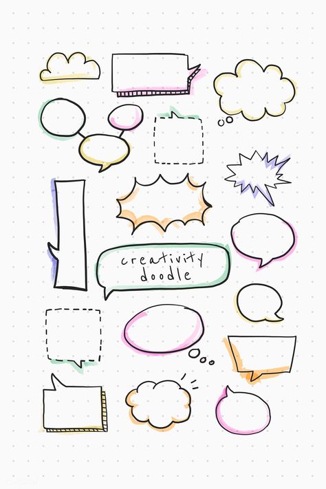 Speech bubble creativity doodle vector set | premium image by rawpixel.com / busbus Flowchart Ideas Creative, Creativity Doodle, Bubble Doodle, Doodle Banner, Bullet Journal Boxes, How To Draw Ribbon, Bubble Drawing, خريطة ذهنية, Mind Map Design