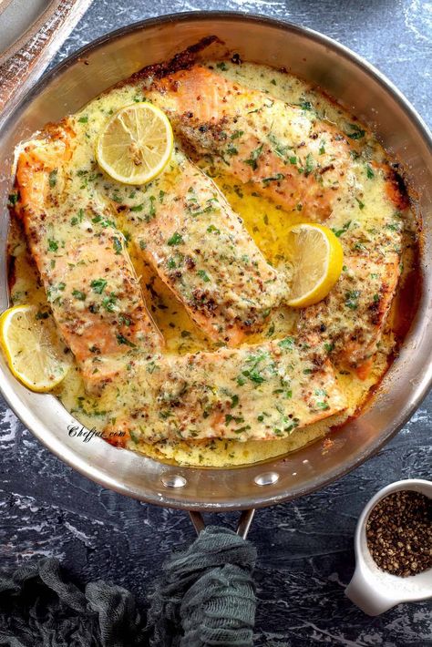 Baked Salmon with Lemon Butter Cream Sauce - Chefjar Lemon Butter Cream Sauce, Salmon Sauce Recipes, Baked Salmon With Lemon, Butter Cream Sauce, Baked Salmon Lemon, Lemon Butter Salmon, Salmon With Lemon, Delicious Salmon Recipes, Baked Salmon Recipe