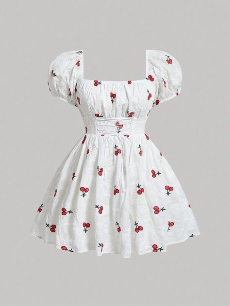 Cute Valentines Dresses, Cherry Pattern Clothes, Fit And Flare Dress Casual, Fruitful Fashion, Fruit Dress, Plus Size Short Dresses, Milkmaid Dress, Flare Dresses, Picnic Dress