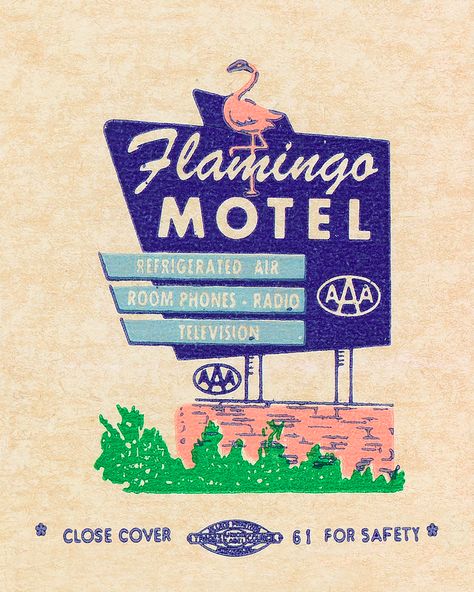 Flamingo Motel Matchbook | Stefanie Poteet | Flickr Motel Graphic Design, Retro Motel Sign, Googie Aesthetic, Typo Packaging, Motel Illustration, Motel Design, Vintage Web Design, Vintage Palm Springs, Vacation Graphic