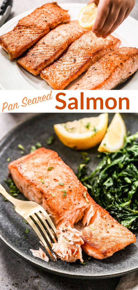 How to make easy, perfect pan seared salmon. Here are my easy tips you need to cook restaurant-style pan fried salmon at home. Ways To Make Salmon At Home, Pan Fried Salmon Skinless, Fried Salmon Recipes, Salmon Crispy, Sauteed Salmon, Fillet Recipes, Keto Entrees, Salmon Fillet Recipes, Salmon Breakfast