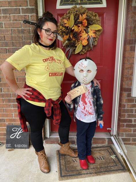 Mom And Son Halloween Costumes Scary, Crystal Lake Camp Counselor Costume, Jason Costume Women Diy, Jason Voorhees Couple Costume, Jason And Camp Counselor Costume, Mother And Son Halloween Costumes Ideas, Friday Costume Ideas, Camp Crystal Lake Party, Crystal Lake Counselor Costume