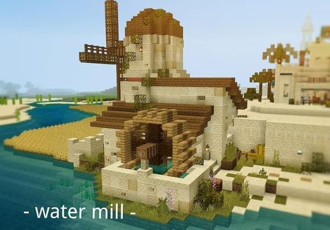 Minecraft Mill Ideas, Watermill House Minecraft, Water Mill Minecraft, Watermill Minecraft, Minecraft Watermill, Minecraft Trading Hall, Minecraft Desert House, Minecraft Dock, Minecraft Desert