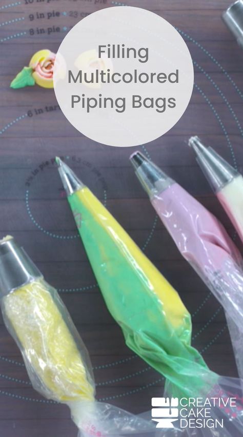 Whether you are creating flowers with just a hint of another color or bright multi-colored swirls and rosettes, adding more than one color to your piping bags instantly adds depth and visual interest. Head into the kitchen with cake designer, Rachael Teufel as she shares her techniques to filling up those piping bags with two or more colors without any special tools or couplers. Icing Piping Techniques, Cake Piping Designs, Multi Color Cake, Cake Frosting Tips, Cake Frosting Designs, Cake Piping Techniques, Cupcake Piping, Piping Frosting, Frosting Colors