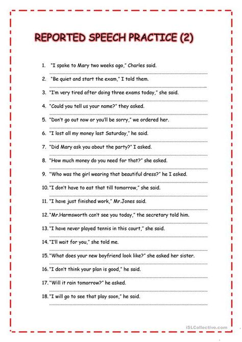 reported speech practice - English ESL Worksheets Speaking Activities English, Direct And Indirect Speech, Indirect Speech, Direct Speech, English Grammar Exercises, Reported Speech, Practice English, Test Paper, Grammar Exercises