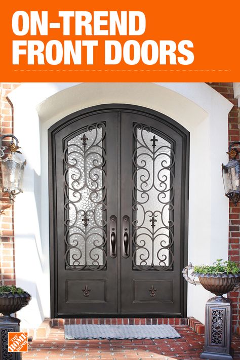 French Doors Exterior Entrance, Window Options, Wrought Iron Front Door, French Double Doors, Iron Front Door, Beautiful Front Doors, House Trim, Double Front Doors, Wrought Iron Doors