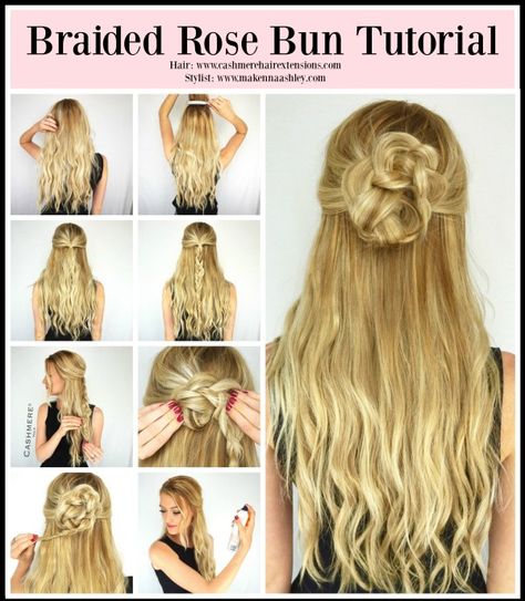 Braided Rose Hairstyle, Rose Hairstyle, Rose Bun, Rose Braid, Cashmere Hair, Hair Bun Tutorial, Bun Tutorial, Bun Hair, Braided Bun