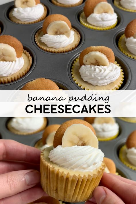 Banana pudding is one of my favorite desserts but there’s something super fun about a handheld dessert, so I’ve made them into mini cheesecakes! I love making these for parties and potlucks, it’s always a fan favorite! Mini Banana Pudding Cheesecake, Mini Banana Pudding, Nilla Wafer Crust, Pudding Cheesecake, Banana Pudding Cheesecake, Mini Cheesecake Recipes, Banana Cheesecake, Mini Bananas, Baked Banana