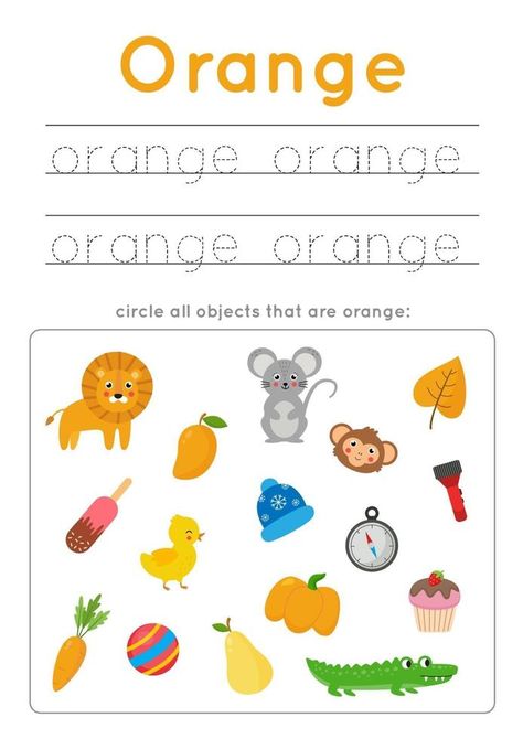 Color For Preschool, Kids Writing Practice, Preschool Color Activities, Color Worksheets For Preschool, Orange Craft, Color Flashcards, English Worksheets For Kindergarten, Frog Coloring Pages, Cute Umbrellas