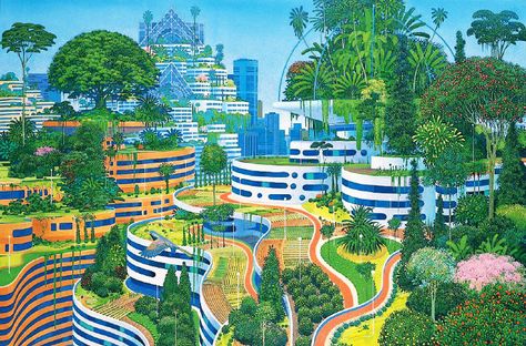 Hirō Isono Eco City, City Illustration, Green City, Futuristic City, Future City, City Landscape, Futuristic Architecture, Retro Futurism, Urban Planning