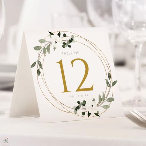 Liven up your wedding reception or event tables with these trendy geometric watercolor greenery wedding table numbers. Featuring faux gold foil swirls and romantic watercolor greenery, this design is the perfect way to show off your bridal style! Simply edit your numbers and initials in free Adobe Reader, print on 8.5 Wedding Number Table, Wedding Table Menus, Event Tables, Wedding Table Numbers Template, Wedding Table Designs, Watercolor Greenery, Wedding Table Number, Event Table, Wedding Flower Arrangements