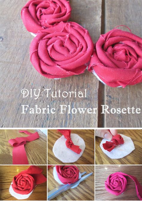 DIY Fabric Flower Rosette Tutorial Flowers From Fabric Scraps, Diy Rosettes Fabric, Fabric Rosettes Tutorial, Flower Out Of Fabric, How To Make Fabric Flowers, Paper Rosettes Diy, Fabric Flowers Diy Easy, Fabric Flower Wreath, Diy Rosette