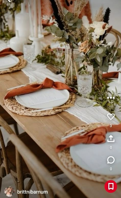 Rustic Boho Beach Wedding, Boho Table Set Up, Fall Boho Wedding Table Centerpieces, Terracotta Florals Wedding, Thanksgiving Boho Table, Boho Wedding Plates Place Settings, Rustic Plate Setting Wedding, Simple Boho Table Setting, Boho Place Setting Wedding