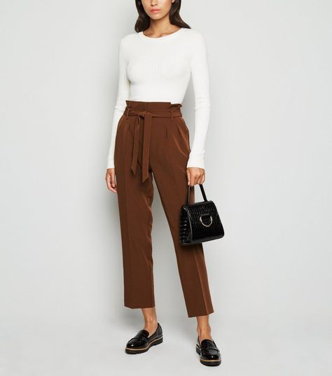 https://www.newlook.com/uk/womens/clothing/trousers/dark-brown-high-waist-paperbag-trousers/p/636276927?comp=Browse Brown Trousers Outfit Casual, Dark Brown Trousers Outfit, Paperbag Trousers Outfit, Brown Trousers Outfit Women, Brown Trousers Outfit, Ankle Pants Outfit, Trousers Outfit Casual, Chocolate Pants, Paperbag Trousers