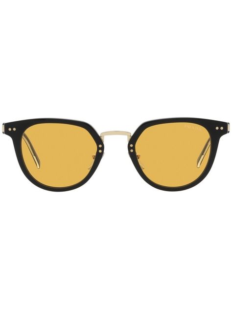 Shop or share your style of the product on ModeSens! pantos frame sunglasses from PRADA EYEWEAR featuring jet black, banana yellow, acetate, rivet detailing, pantos frame, yellow tinted lenses, lens decal, contrasting bridge, nose pads, logo-embossed arm and curved tips. These glasses come with a protective case.. Round Sunglasses Men, Prada Glasses, Black Banana, Banana Yellow, Fashion Leaders, Prada Eyewear, Prada Sunglasses, Prada Men, Eyewear Accessories