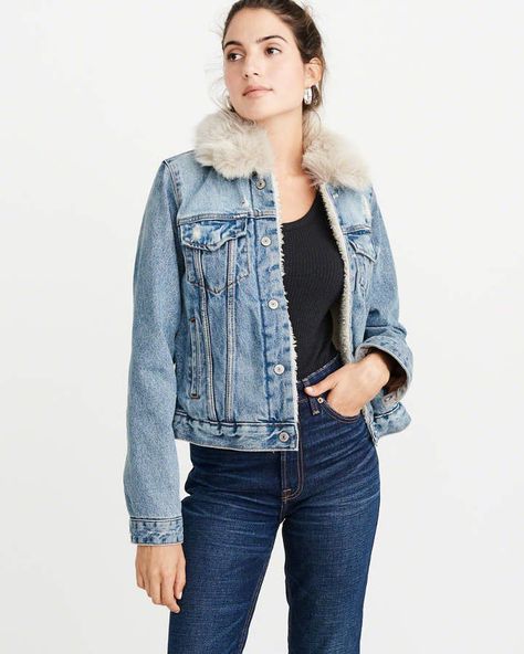 Sherpa-Lined Denim Jacket#affiliate#trendy#style#fashion Light Jean Jacket, Frayed Denim Jacket, Denim Sherpa Jacket, Denim Pinafore Dress, Outfit References, Sherpa Lined Denim Jacket, Denim Pinafore, Faux Fur Cropped Jacket, Classic Corvette