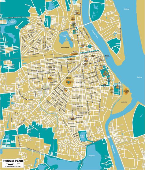 Phnom Penh Map Phnom Penh Map, Phnom Penh City, Catalog Design Layout, Tonle Sap, Khmer Empire, Phnom Penh Cambodia, Artistic Lighting, Printable Maps, Travel Asia