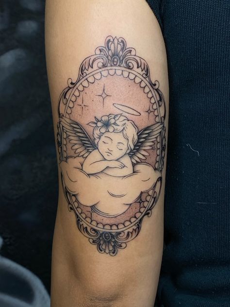 Cherub angel, flower, frame, artwork, tattoo idea Flower Angel Tattoo, Cherub Heart Tattoo, Vintage Angel Tattoo, Tattoo With Frame, Guardian Angel Tattoo For Women, Three Angels Tattoo, Traditional Angel Tattoo, Spirituality Tattoos, Angel Tattoo Ideas