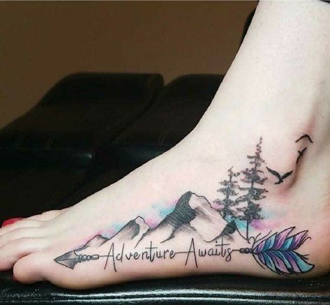 Adventure Tattoo, Foot Tattoos For Women, Arrow Tattoo, Arrow Tattoos, Mountain Tattoo, Foot Tattoo, Nature Tattoos, Trendy Tattoos, Foot Tattoos