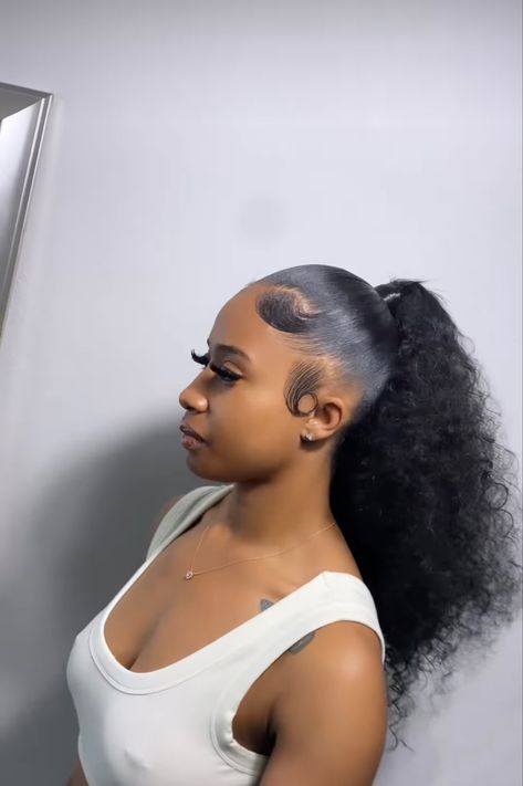 Slicked Curly Ponytail, Sleek Frontal Ponytail, Ponytail Weave Curly, Decade Outfits, Natural Ponytail, Slick Styles, Frontal Ponytail, Ponytail Weave, Hair Inches