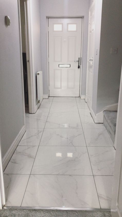 Hallway with polished marble tiles and Dulux ‘Polished Pebble’ paint Marble Tiles Hallway, Marble Tile Hallway, Marble Hallway Floor, White Tiles Hallway, Hall Tiles Floor, Marble Epoxy Floor, Marble Tiles Living Room, Marble Hallway, Gray Hallway