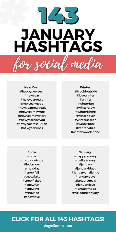 Wondering what hashtags to use on social media in January? This complete list of hashtags will provide you with over 140 popular hashtags to use on Instagram throughout January. These hashtags can also work on other social media channels like X, Facebook, LinkedIn, and TikTok. #socialmediamarketing #instagramhashtags #angiegensler November Social Media Ideas, Hastag Instagram, Social Media Hashtags, Hashtag Strategy, List Of Hashtags, Facebook Tips, Linkedin Tips, Twitter Tips, Popular Hashtags