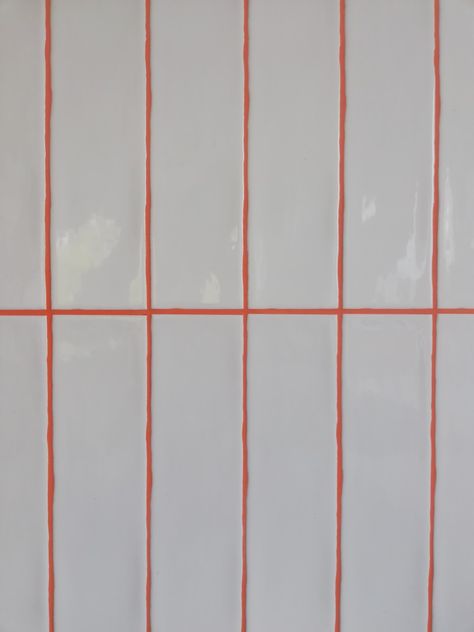 White Tiles Orange Grout, Orange Grout Bathroom, Orange Bathroom Tiles, Orange Grout, Orange Tile Bathroom, Orange Backsplash, Orange Tile, Cream Tile, Burger Shop