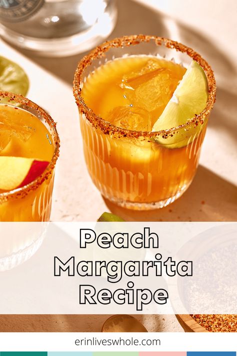 This summer, prepare this Peach Margarita Recipe for the ultimate refreshing beverage. Made with tequila, Peach Schnapps, peach nectar, lime juice, and a tajin rim, it's a treat in every sip! Ultimate Margarita Recipe, Peach Margarita Recipe, Peach Margarita Recipes, Fruity Drink Recipes, Rita Recipe, Peach Margarita, Flavored Margaritas, Peach Cocktail, Margarita On The Rocks